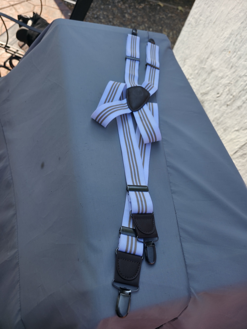 White and Tan Striped Aprion Suspenders From Chef Works